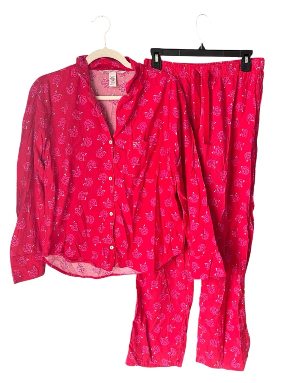 Victoria’s Secret Pajama Set XS Red Rose Print Button Top Pants Lounge Sleepwear